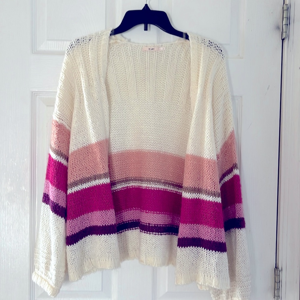 Francesca’s white with pink and purple striped cardigan, size small